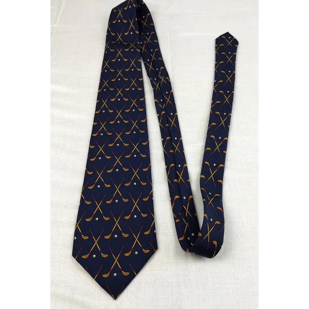 Polo Ralph Lauren 100% Silk Tie Handmade‎ Navy & Tan Golf Clubs Ball USA Vintage